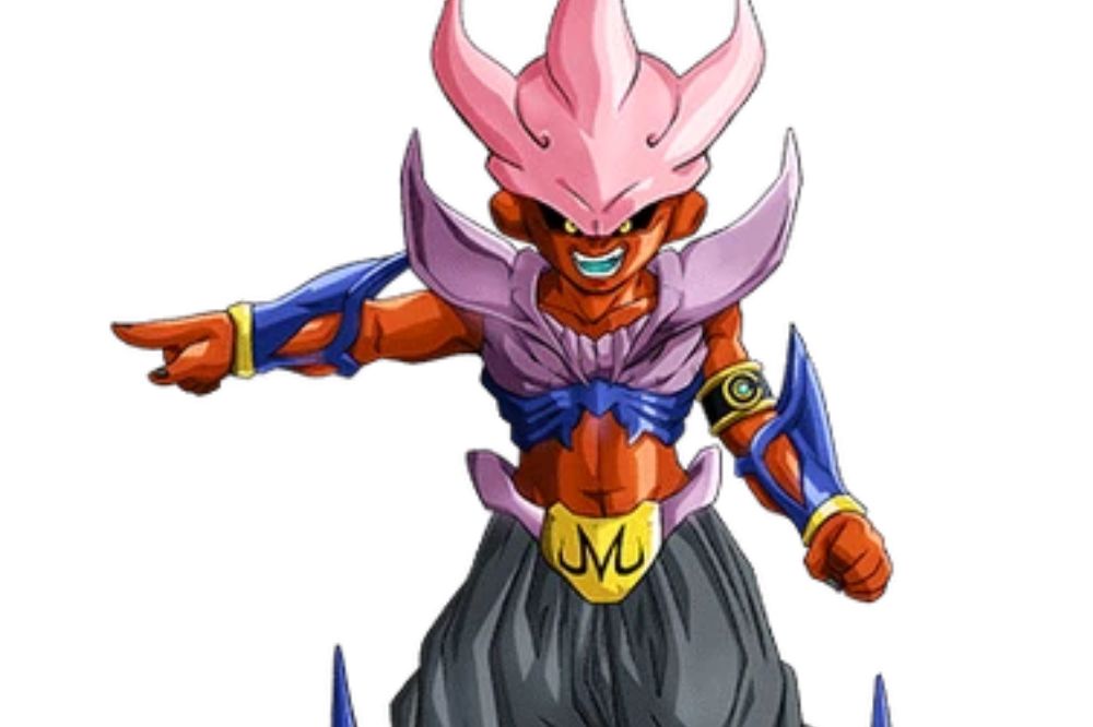 Risepple, guerrier à la peau rouge et à la chevelure rose en forme de flamme, portant des habits sombres et des ornements dorés avec le symbole “M” de Majin.