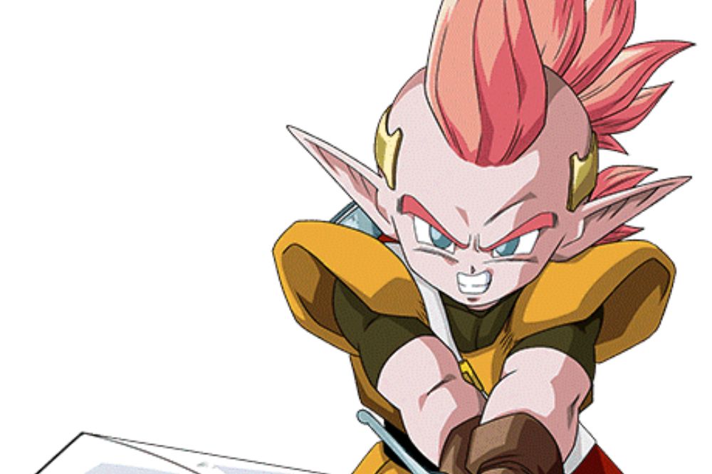 Minoshia de Dragon Ball Z, jeune Kai aux cheveux roses hérissés, oreilles pointues et armure dorée, tenant une épée.