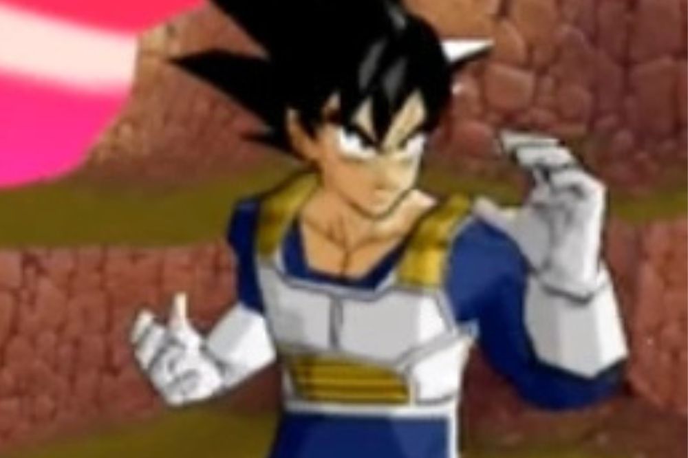 Kakarotto, Saiyan en armure de combat bleue et blanche, prêt à se battre dans Dragon Ball.