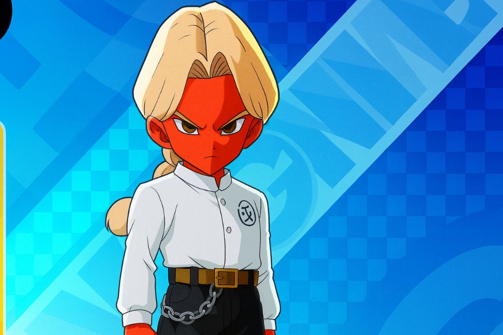 Basco, personnage de Dragon Ball avec la peau rouge, cheveux blonds attachés, habillé en uniforme blanc et noir, avec un air sérieux.