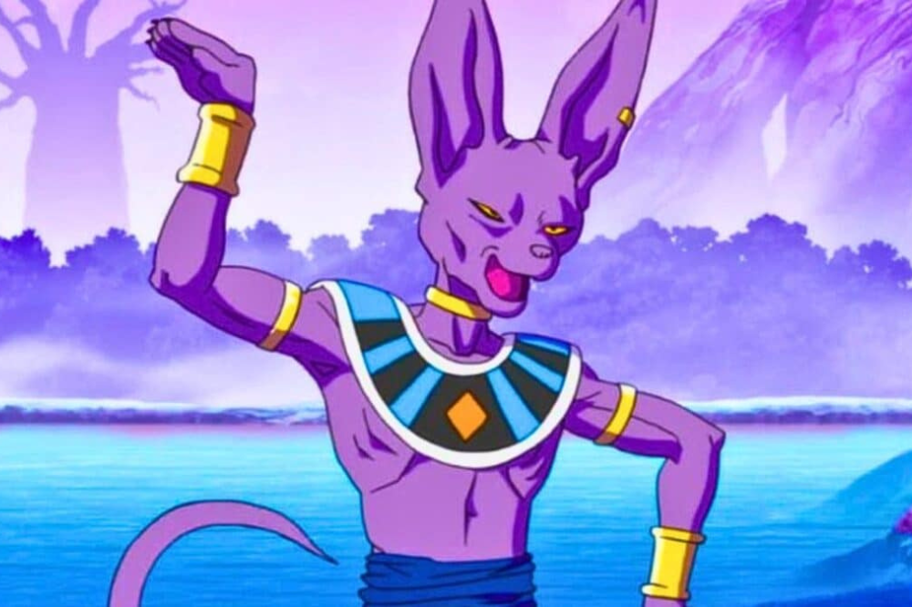 Beerus, Dieu de la Destruction de l’Univers 7, debout avec une pose moqueuse dans Dragon Ball Super.