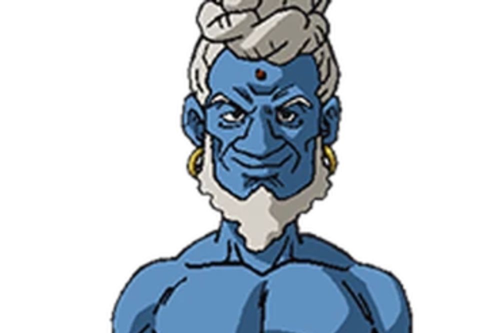 Zircol — Biographie Homme bleu à la barbe blanche, aux cheveux attachés en chignon, avec des anneaux dorés aux oreilles et un point rouge sur le front.