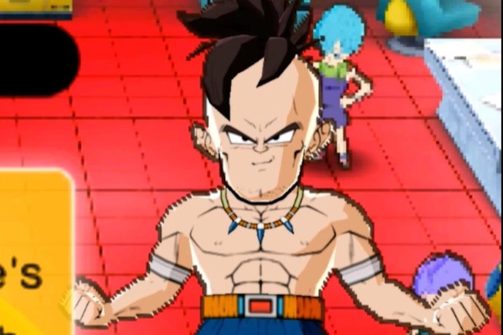 Guerrier torse nu au style pixel-art, avec une crête noire, un demi-crâne rasé, un collier de perles et une ceinture colorée, se tenant prêt au combat dans un décor inspiré d’un jeu vidéo Dragon Ball.