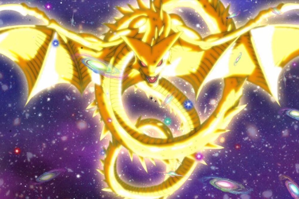 Dragon doré colossal aux ailes déployées flottant dans l’espace, entouré de galaxies et d’étoiles scintillantes.